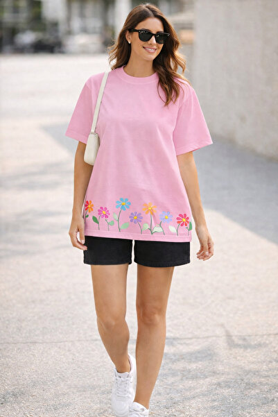 ArtYus Unisex Oversize T-Shirt with Sequential Floral Pattern and Bottom Prin...
