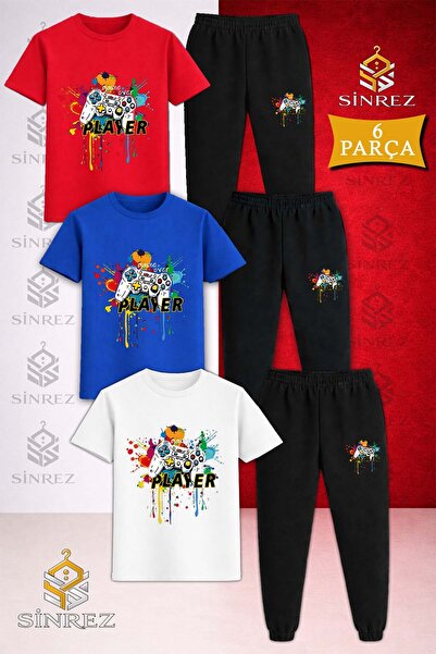 SİNREZ Children's Game on Player Colorful Printed 3-Piece T-Shirt Tracksuit Set