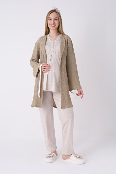 ERDENİZ TEKSTİL Πιτζάμες εγκυμοσύνης, ρόμπα, σετ 3 τεμαχίων, με δαντελένιο γι...