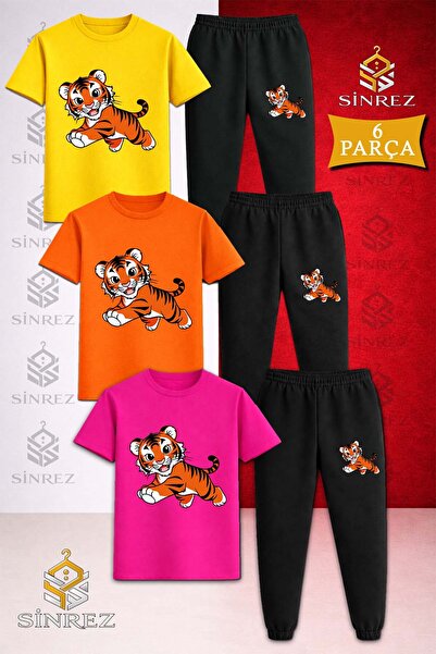 SİNREZ Children's Tiger Drawing Cute Printed 3-Piece T-Shirt Tracksuit Set