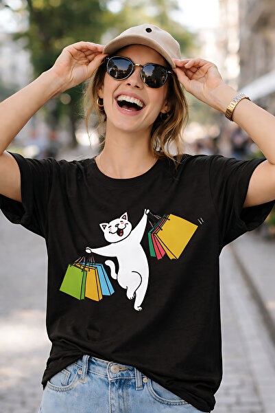 ArtYus Cheerful Cat Shopping Printed Unisex Oversize T-Shirt – Cotton Crew Ne...