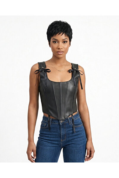 donamod Γυναικείο Μαύρο Δερμάτινο Μπουστιέ Άνετο Εφαρμοστό Κορσέ σε Όλα τα Με...