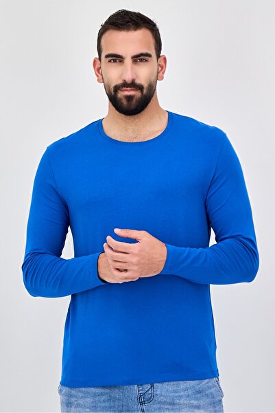 CELIO Men Crew Neck Long Sleeve Plain T-Shirt, Blue