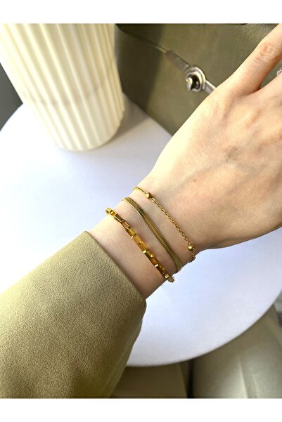 MARCİELO Accessories Çelik Gold Kombin Bileklik - Top Zincir, Yassı Italyan, ...