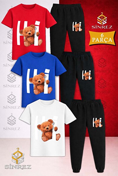 SİNREZ Children's Hi Bear Printed 3-Piece T-Shirt Tracksuit Set