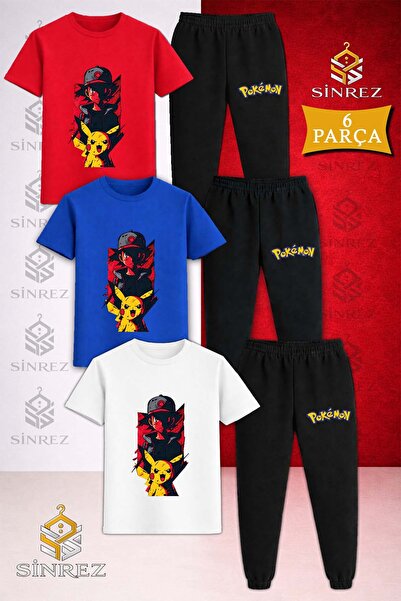 SİNREZ Children's Esli Pikhacu Black Red Shade Printed 3-Piece T-Shirt Tracks...