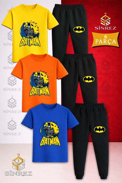 SİNREZ Children's Btmen Printed 3-Piece T-Shirt Tracksuit Set with Sub-Writin...