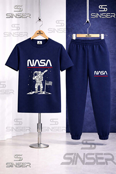 SS SİNSER Çocuk ASTRONOT BEYZ UST NASA YAZI Baskılı Tişort Eşofman Takımı