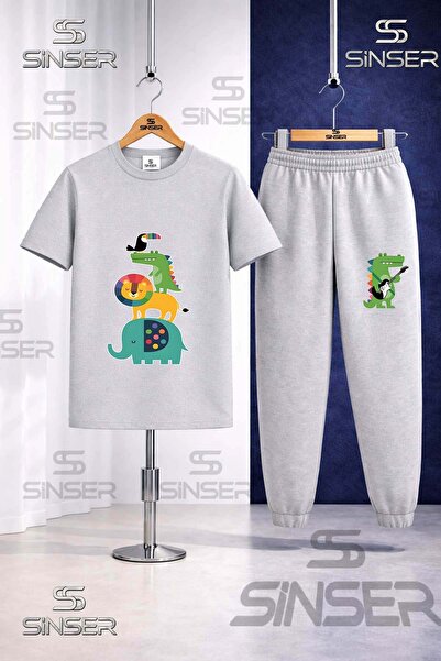 SS SİNSER Children's Animal Ust Uste Coklu Printed T-Shirt and Sweatpants Set