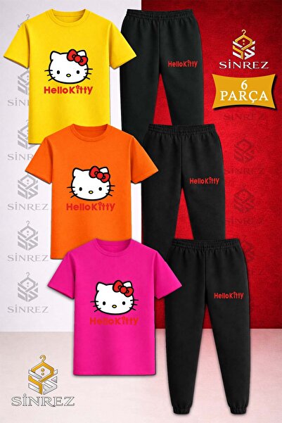 SİNREZ Children's Hello Kitty Red Writing Printed 3-Piece T-Shirt Tracksuit Set