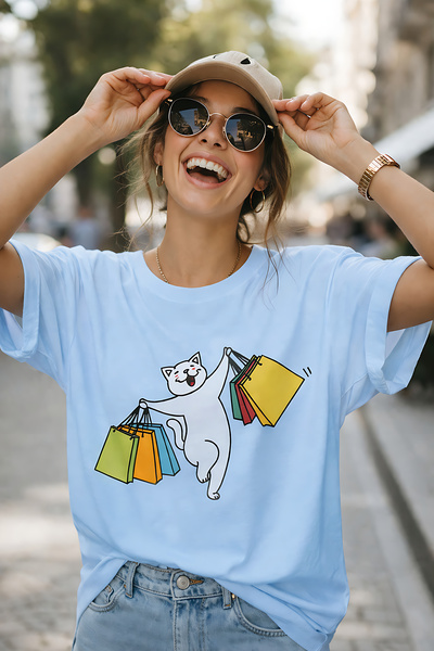 ArtYus Cheerful Cat Shopping Printed Unisex Oversize T-Shirt – Cotton Crew Ne...
