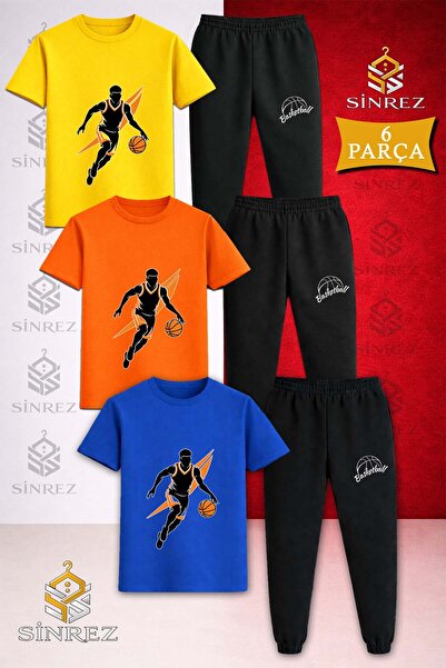 SİNREZ Children's Basketball Player Orange Black Printed 3-Piece T-Shirt Trac...