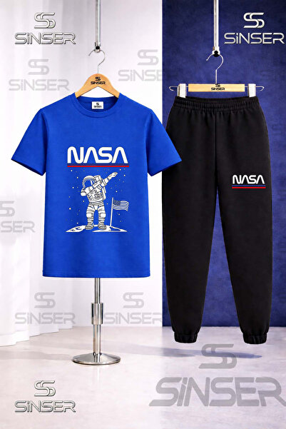 SS SİNSER Çocuk ASTRONOT BEYZ UST NASA YAZI Baskılı Tişort Eşofman Takımı