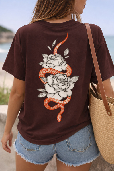 ArtYus Snake and Flower Back Print Unisex Oversize T-Shirt – Cotton Crew Neck...
