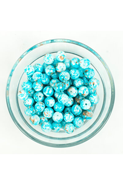 yfhobi 25 Gram- 8 mm Turkuaz Renk Ebruli Desenli Yuvarlak Cam Boncuk, 1.Kalit...