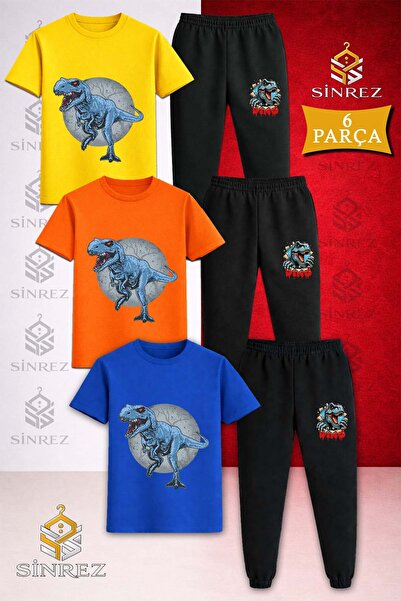 SİNREZ Set de trening cu tricou imprimat 3 piese pentru copii DINOSAUR BLUE C...