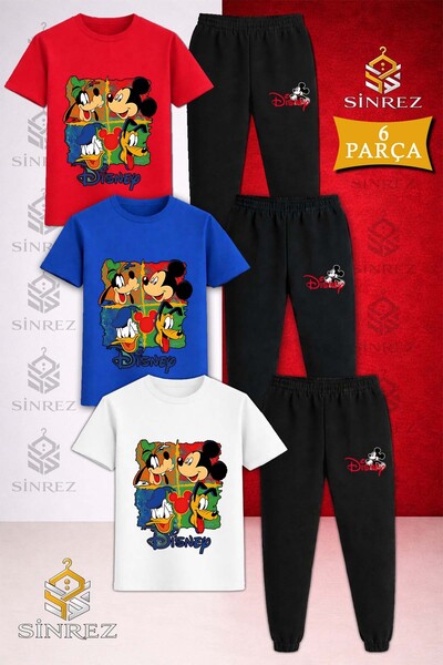 SİNREZ Children's Disny Characters Square Printed 3-Piece T-Shirt Tracksuit Set