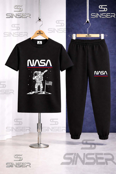 SS SİNSER Children's Astronaut Beyz Ust Nasa Text Printed T-Shirt Sweatpants Set