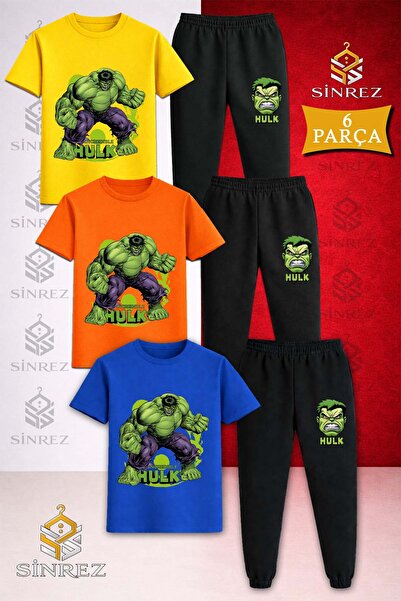 SİNREZ Children's Hulk Hand Crushing Green Canvas Printed 3-Piece T-Shirt Tra...