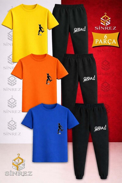 SİNREZ Children's Footballer Black Left Right Printed 3-Piece T-Shirt Tracksu...
