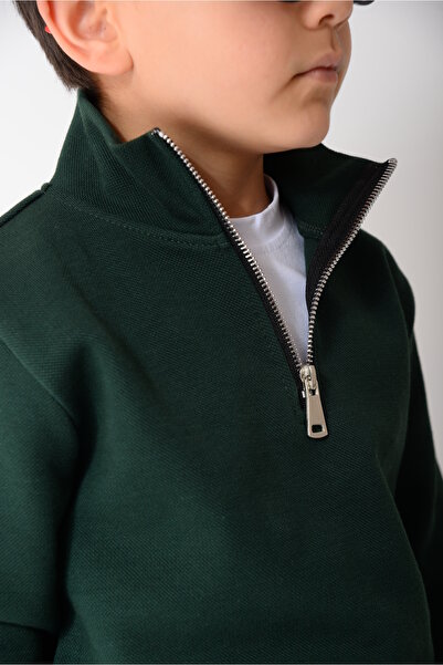 KİDSPİTİRCİK Half Zippered 100% Cotton Green Regular Fit Comfortable Fit Standing Collar Sweat + Badi̇ + Jaggar Suit