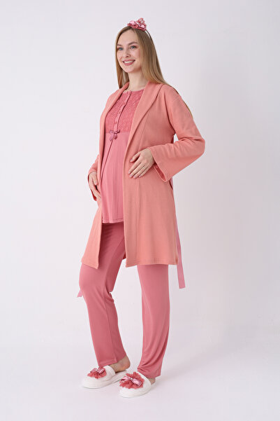 ERDENİZ TEKSTİL Σετ 3 τεμαχίων πιτζάμες εγκυμοσύνης με υφή βάφλας, δαντέλα κα...