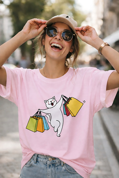 ArtYus Μπλουζάκι Unisex Oversize με στάμπα Joyful Cat Shopping – Βαμβακερό T-...