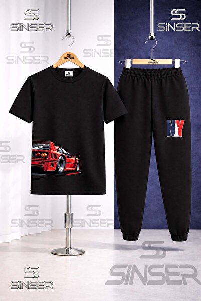SS SİNSER Children's Car Red Sag Side Printed T-Shirt Tracksuit Set