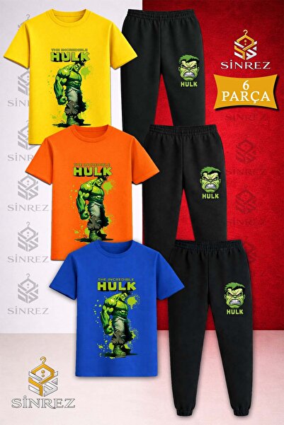SİNREZ Children's Hulk Printed and Painted Single Printed 3-Piece T-Shirt Tra...