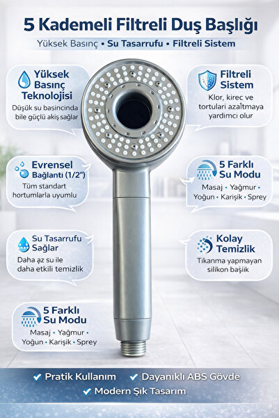DEYHOME Çevirmeli 5 Fonksiyonlu Filtreli Duş Başlığı- 2'li -, 3'lü ve 4'lü Set