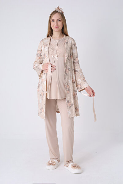 ERDENİZ TEKSTİL Σετ πιτζάμες εγκυμοσύνης 3 τεμαχίων με ρόμπα με σχέδιο τριαντ...