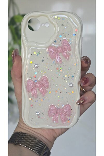 Magic Ring Iphone 16E Uyumlu Pembe Fiyonk & İnci Detaylı Simli Epoksi Telefon...