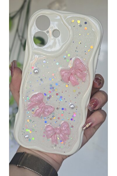 Magic Ring Iphone 16 PLUS Uyumlu Pembe Fiyonk & İnci Detaylı Simli Epoksi Tel...