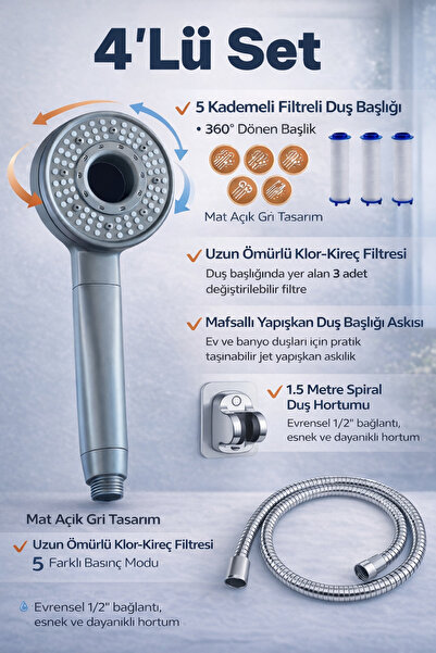 DEYHOME Çevirmeli 5 Fonksiyonlu Filtreli Duş Başlığı- 2'li -, 3'lü ve 4'lü Set