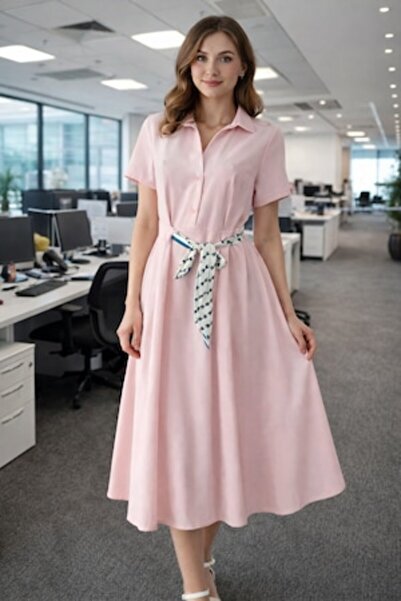OEM Women's Pink Midi Shirt Dress with Adjustable Elastic Waist