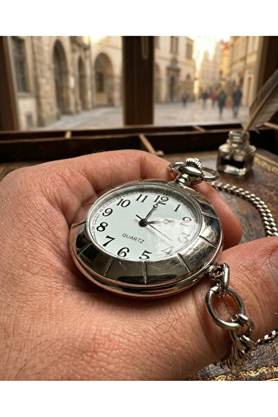 Kuzey Tacı Nostalgic Silver-Colored Chain Pocket Watch – 4X5 cm with Chain, R...