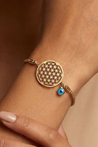 Valmont Accessories Flower of Life Evil Eye Beaded 18+5 cm Adjustable Golden ...