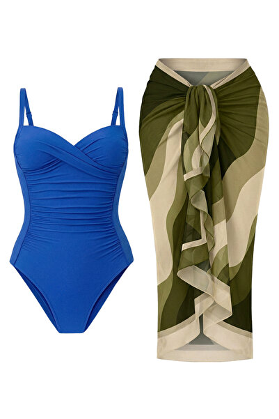 CUPSEA Γυναικείο μαγιό με ντραπέ σχέδιο κυμάτων Pareo, σετ 2 τεμαχίων, κομψό ...