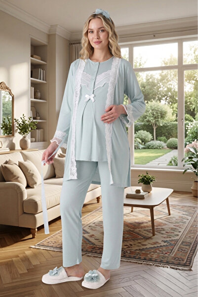 Lohusa Homewear مجموعة بيجامات صيفية أنيقة للحوامل باللون الأخضر المائي من ني...