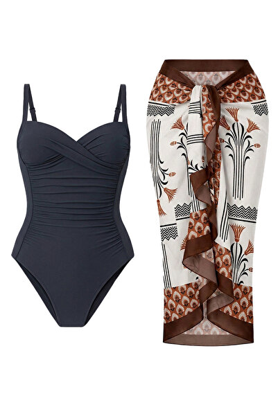 CUPSEA Γυναικείο μαγιό σε γκρι χρώμα με αυθεντικό σχέδιο Pareo, σετ 2 τεμαχίω...