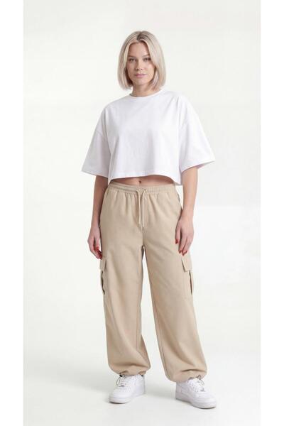 TKT Pantaloni de trening subțiri, bej, cu buzunare cargo, pentru femei, cu pi...