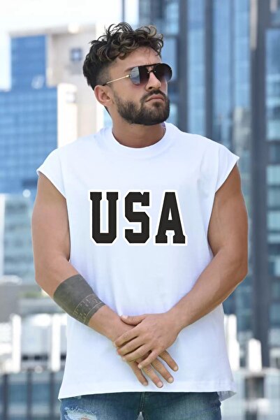 AZIZI TEKSTIL Λευκό μπλουζάκι μεγάλου μεγέθους με στάμπα USA