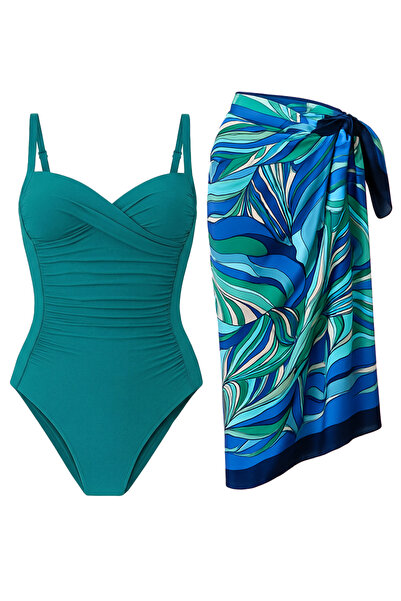 CUPSEA Γυναικείο μαγιό με ντραπέ σε πράσινο μέντα, με μπλε σχέδιο, σετ Pareo ...