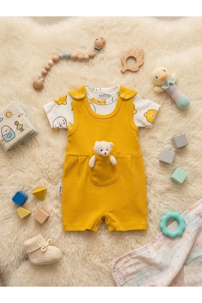 MUBA KIDS %100 Pamuk Ayıcık Oyuncaklı Yazlık Zıbın ve Salopet Takım