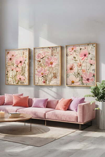 STARYUNA Ξύλινο σετ τριών πινάκων με ροζ λουλούδια και vintage σχέδιο Ucyuna677