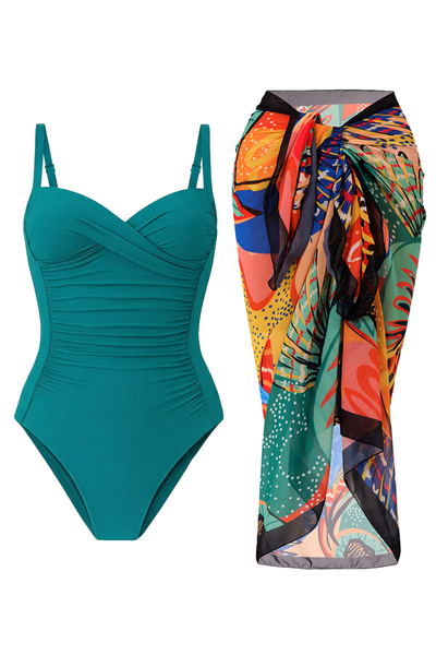 CUPSEA Γυναικείο μαγιό με ντραπέ σε πράσινο μέντα και σχέδιο πορτοκαλί φύλλων...