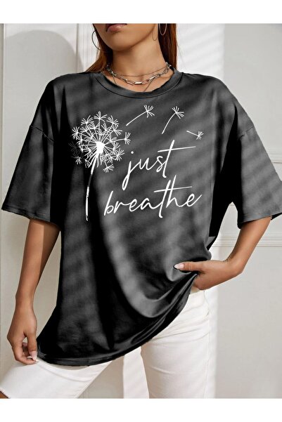 LOTS MODA tricou supradimensionat cu imprimeu just breathe