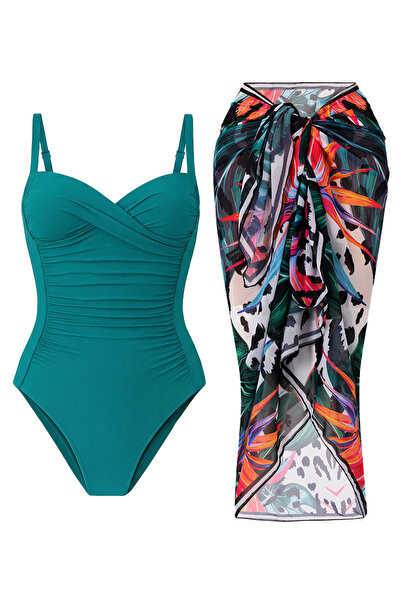 CUPSEA Γυναικείο μαγιό με ντραπέ σε πράσινο μέντα, μαύρο σχέδιο Lana, σετ 2 τ...