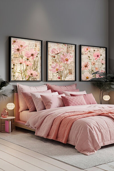 STARYUNA Μαύρο ξύλινο πλαίσιο με ροζ λουλούδια, vintage σχέδιο, σετ τριών πιν...