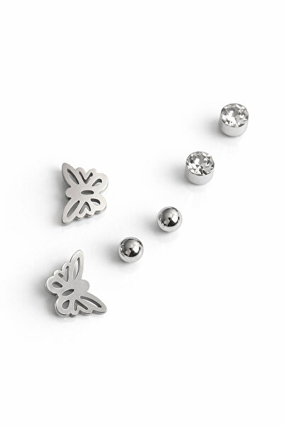 serelya 316L Steel Silver Color Zircon Stone Butterfly Model Women's Earring Set